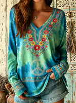 Women's Floral Peace Sign Tie-Dye Print V-Neck Top