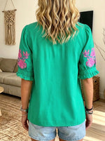 Women V‑Neck Floral Embroidery Puff Short Sleeve Boho Blouse