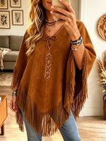 Women's Faux Suede Fringe Poncho Top