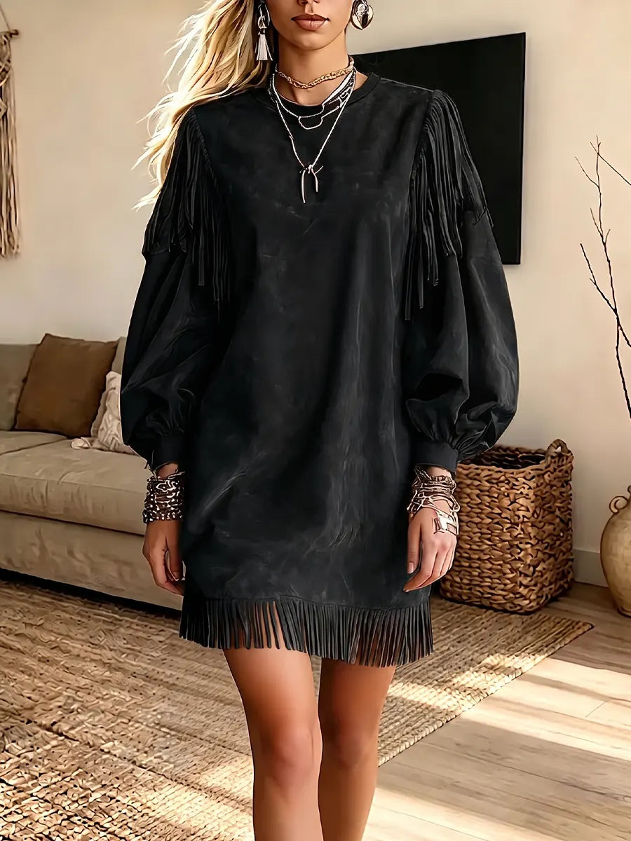 Vintage Elegant Suede Patchwork Tassels Dress