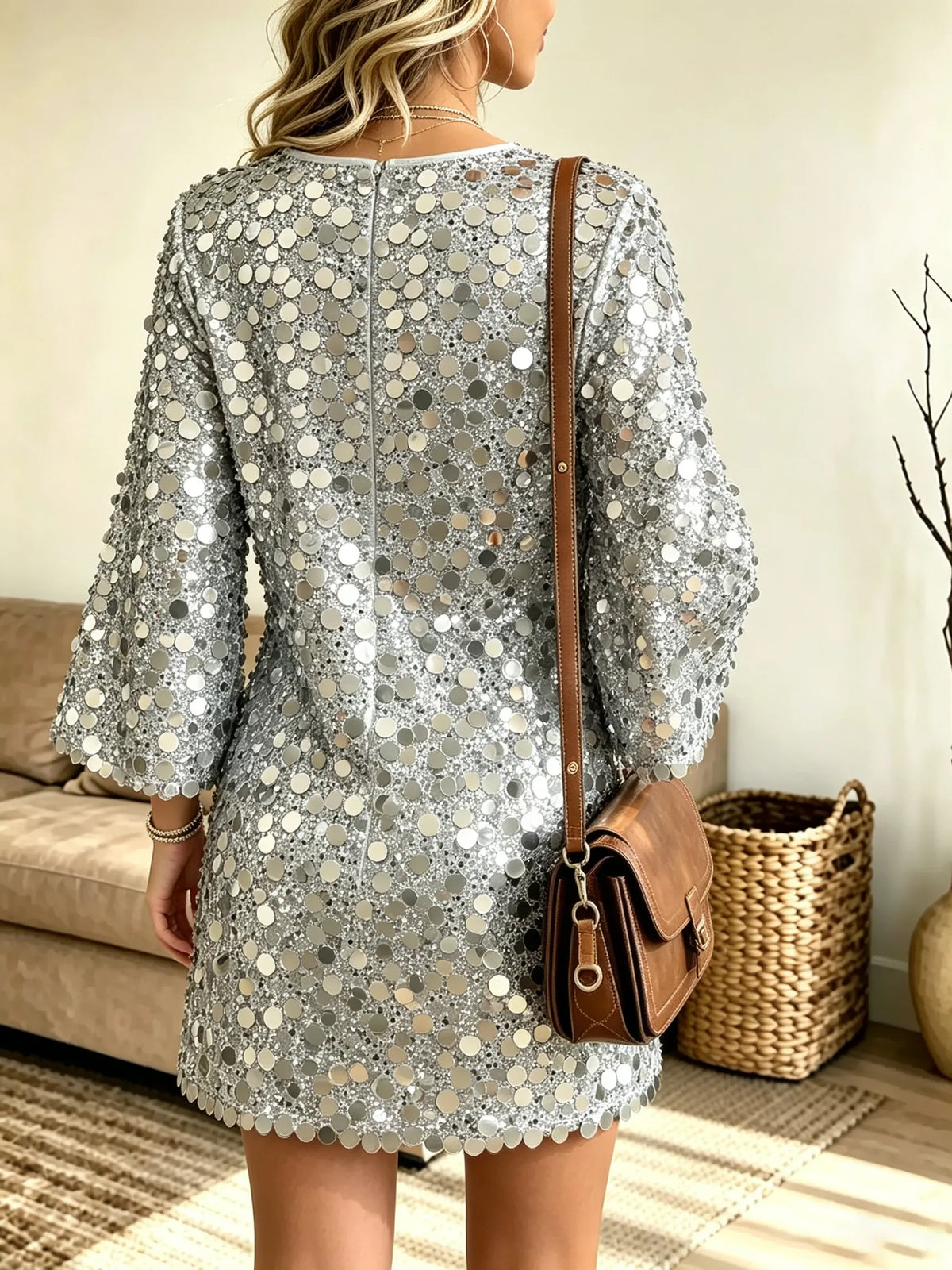 Women's Sequin Bell Sleeve Shift Mini Dress