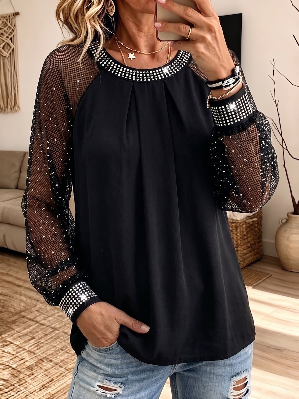 Women Rhinestone Mesh Long Sleeve Blouse Raglan Loose Party Casual Top