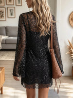 Women's Sequin Sheer Lace Long-Sleeve Mini Dress