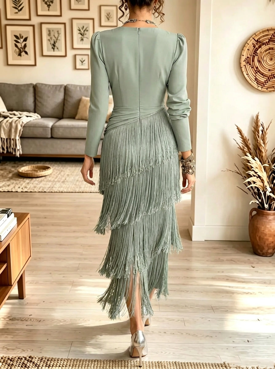 Women's Plunging V-Neck Tiered Fringe Midi Dress