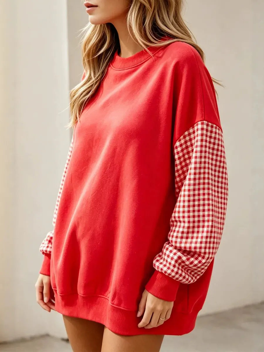 Retro Plaid Patchwork Art Casual Stylish Round Collar Long Sleeve Sweatshirt