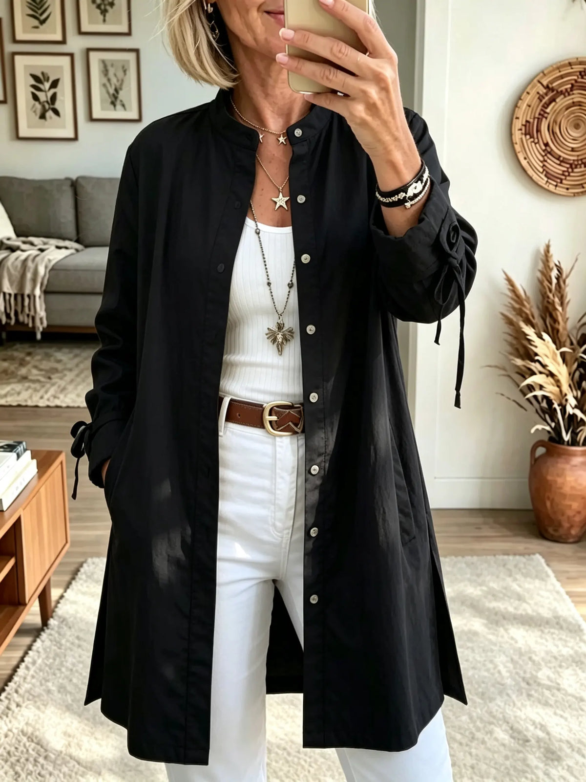 Women's Button-Down Longline Linen Duster Shirt