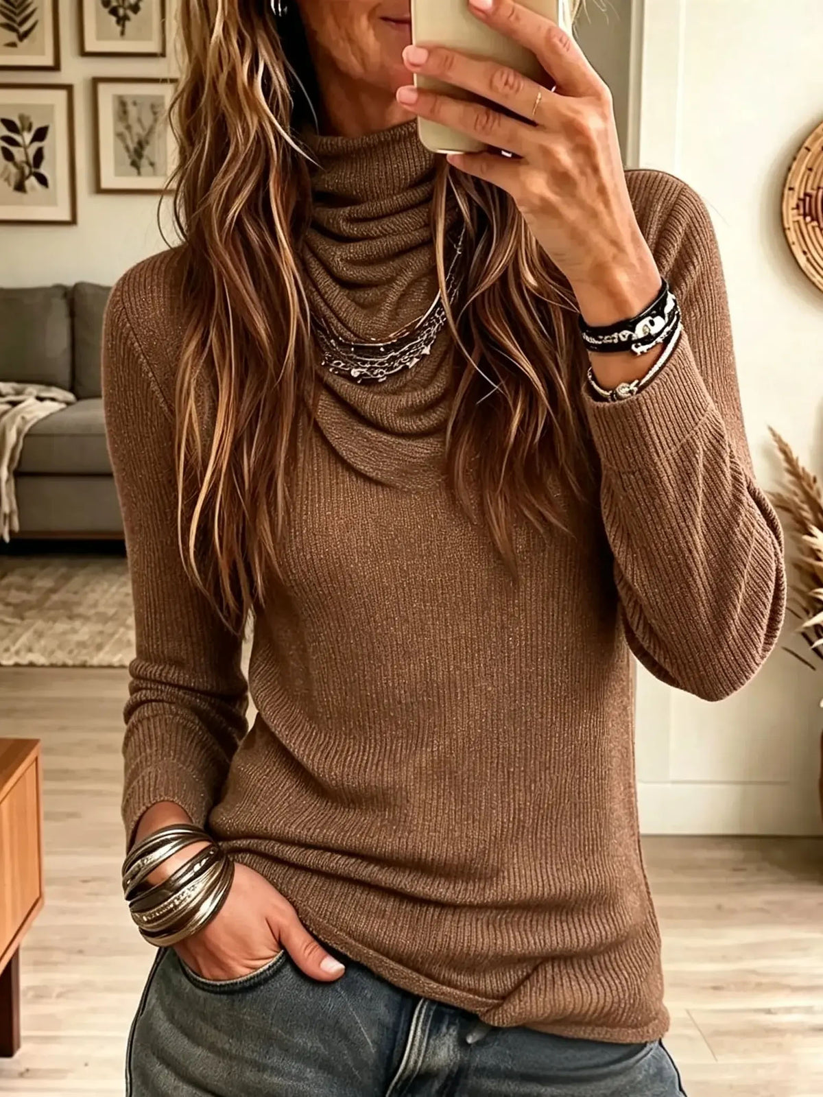 Women's Draped Cowl Neck Ribbed Knit Top