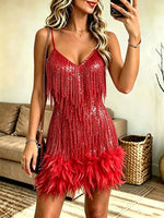 Women's Sexy V-neck Spaghetti Strap Dress With Feather Details