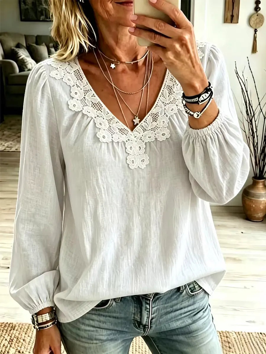 Retro Floral Lace Art Casual Stylish Long Sleeve Cotton Linen Shirt
