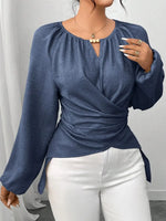 Retro Elegant Solid Color Round Collar Casual Long Sleeve Wrap Stylish Shirt
