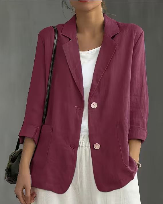 Women Casual Linen Blend Notched Lapel 3/4 Sleeve Blazer Jacket