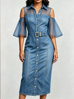 Collared Cold Shoulder Mesh Spliced Belted Denim Midi Dress