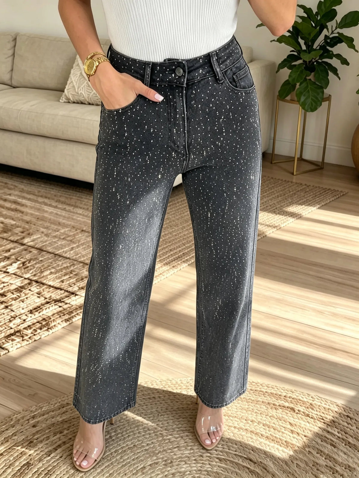 Women's Splatter Print High-Rise Straight Jeans