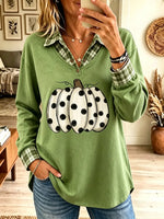 Women's Polka Dot Pumpkin Plaid Collar Tunic Top