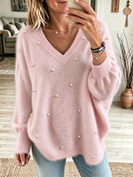 Women's Faux Pearl Embellished Fuzzy V-Neck Sweater