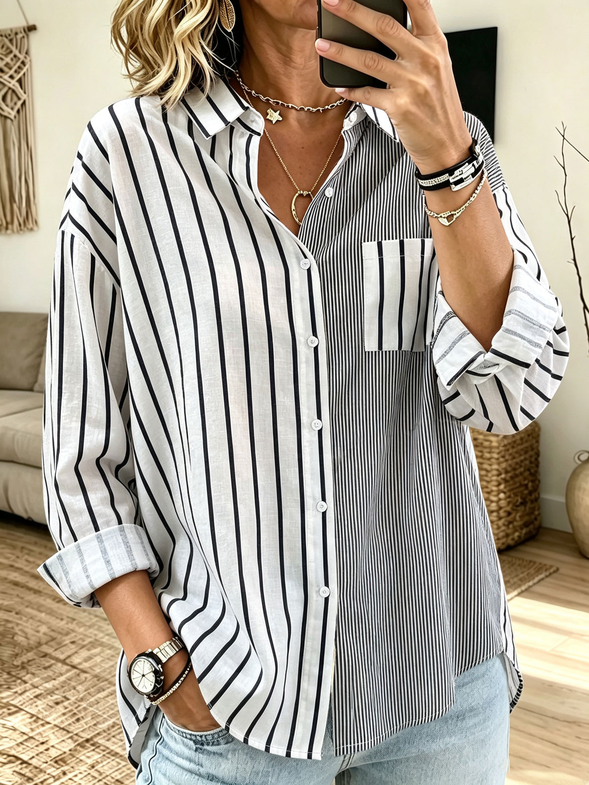 Women Mixed‑Stripe Button Down Shirt Lapel Long Sleeve Pocket Loose Blouse