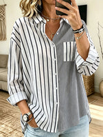 Women Mixed‑Stripe Button Down Shirt Lapel Long Sleeve Pocket Loose Blouse