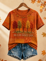 Women's Patchwork Fall Trees Graphic Crewneck T-Shirt