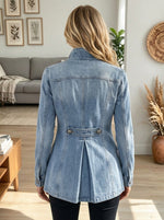 Women's Light Blue Denim Moto Jacket Stand Collar Double Breasted Short Coat