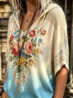 Women's Vintage Floral Print Short Sleeve Hoodie