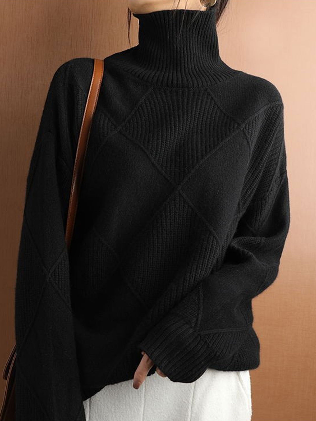 Diamond Cable Knit Turtleneck Sweater Women Loose Long Sleeve Pullover