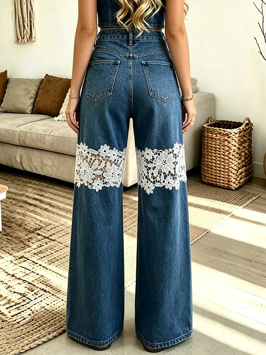 Women’s Lace Patch High-waist Wide-leg Jeans