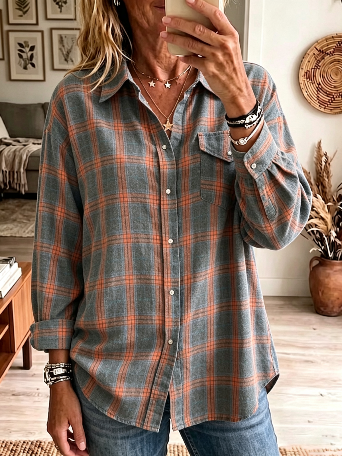 Women's Oversized Plaid Flannel Button-Down Shirt