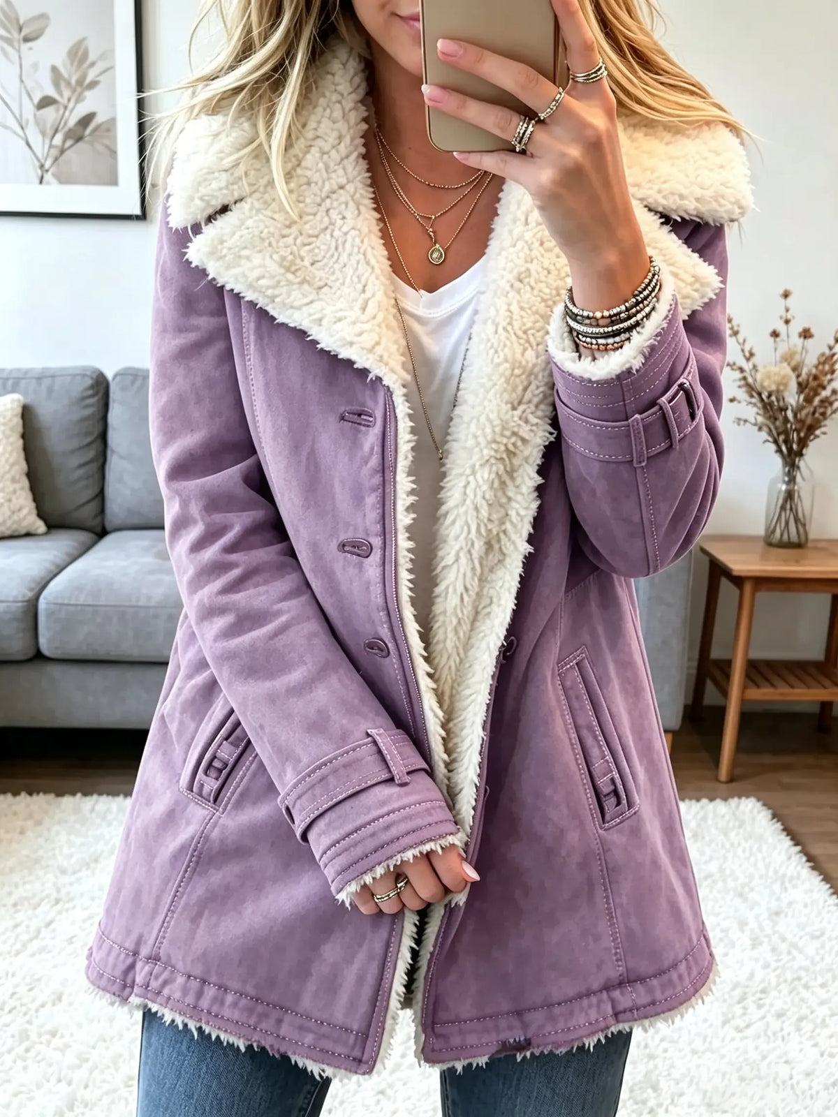Women's Sherpa-Lined Suede Buckle Coat