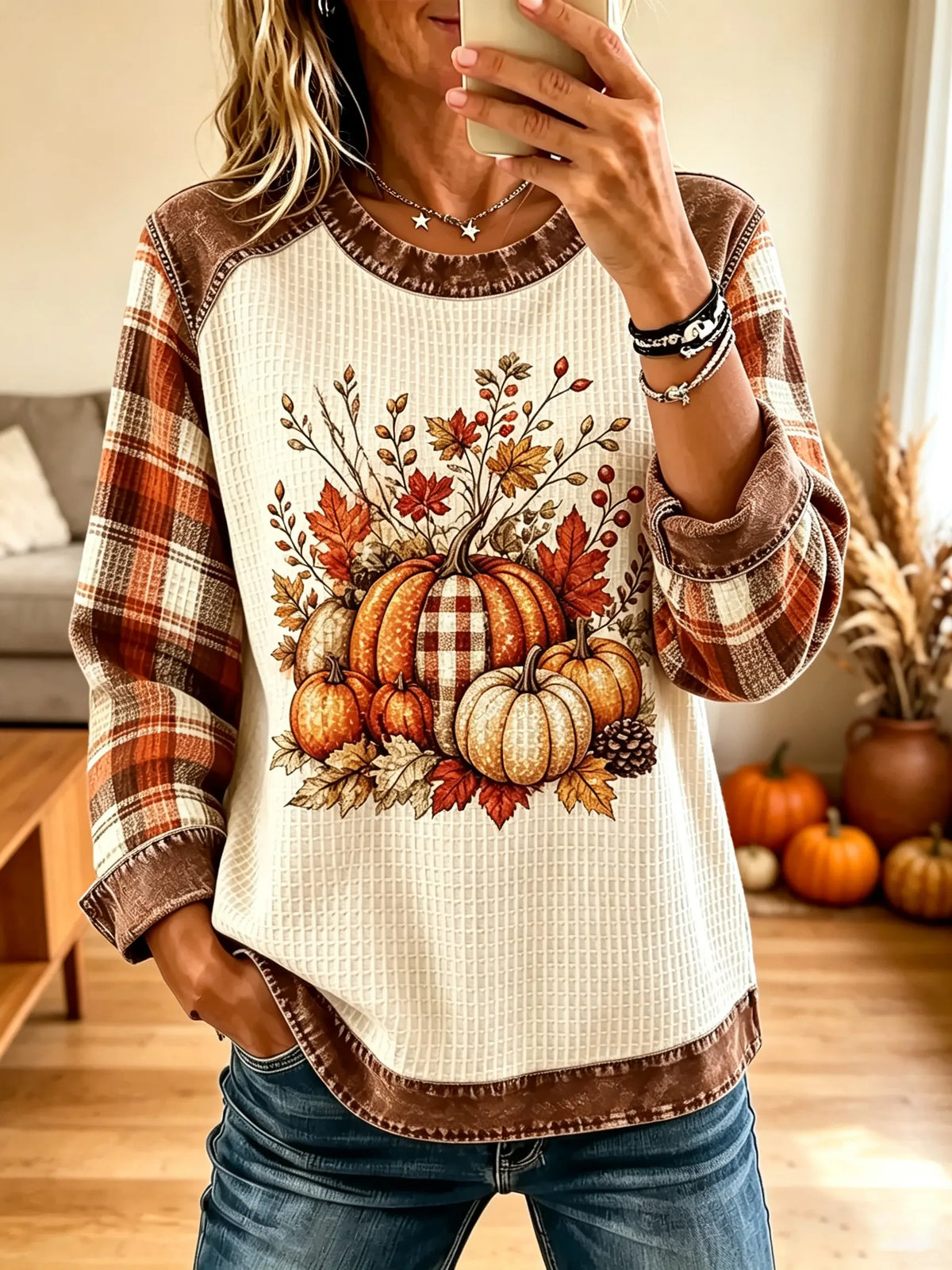 Women's Autumn Harvest Pumpkin Waffle Knit Tunic Top