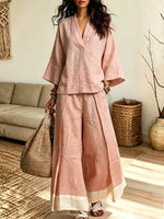Retro 3/4 Sleeve Art Casual Stylish Top And Wide Leg Pants Two-piece Sets