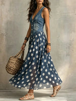Women's Polka Dot Patchwork Denim Sleeveless Maxi Dress