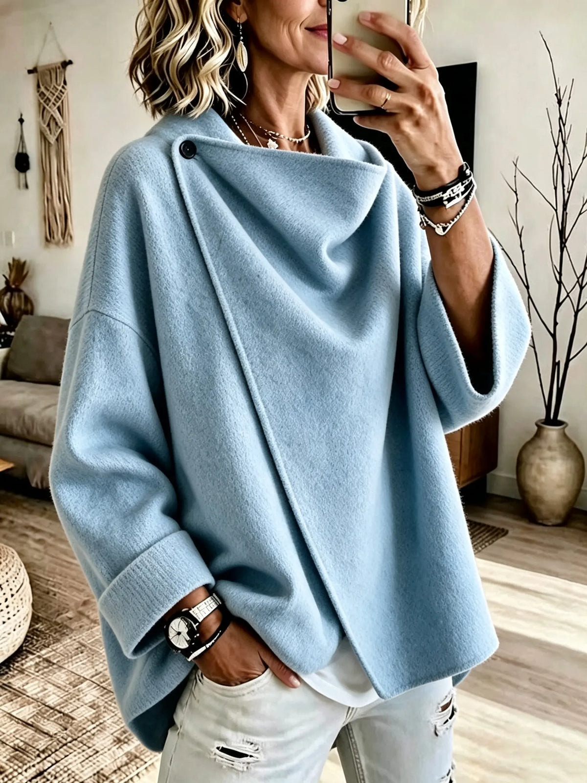 Women's Asymmetrical Button Wrap Collar Poncho Sweater