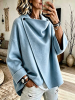 Women's Asymmetrical Button Wrap Collar Poncho Sweater