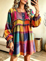 Women's Colorful Plaid Long Sleeve Mini Dress