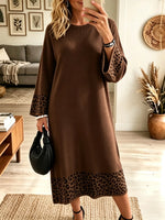 Women's Leopard Contrast Hem Ribbed Knit Midi Dress