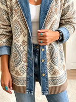 Retro Ethnic Pattern Art Casual Denim Patchwork Stylish Long Sleeve Coat