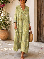 Retro Floral Pattern Art Print Casual V-neck Long Sleeve Cotton Linen Maxi Dress