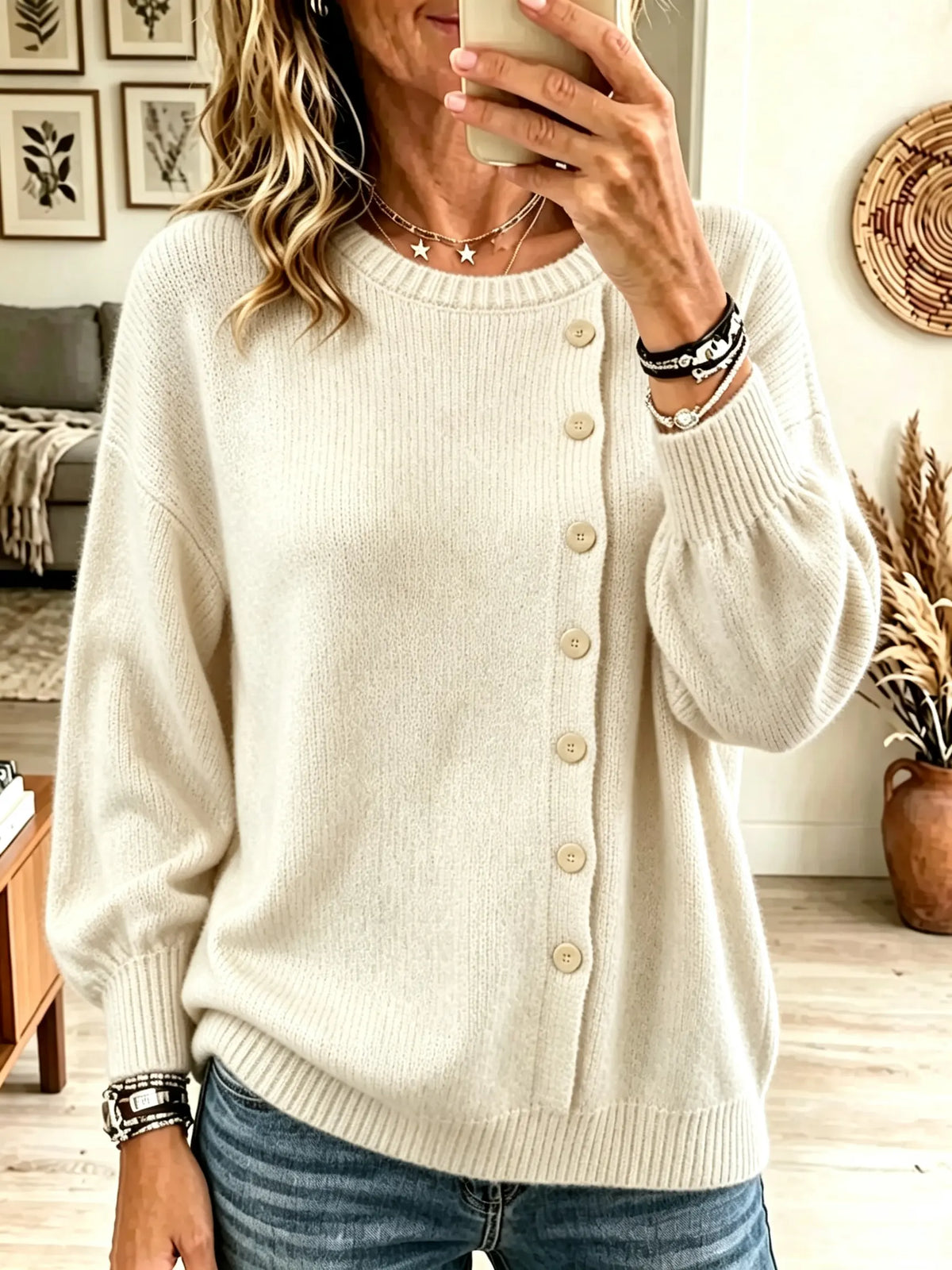 Women's Asymmetrical Button Crewneck Knit Sweater