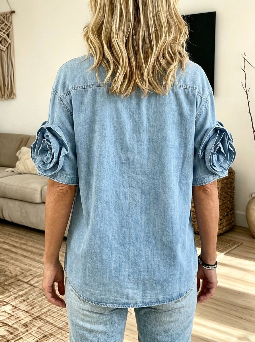 Women Ruffle V‑Neck Eyelet Lace Denim Peplum Blouse