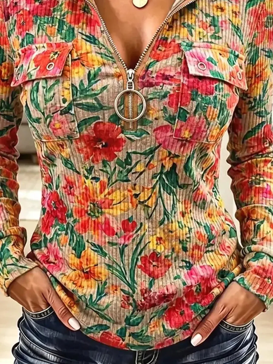 Vintage Floral Pattern Zip Art Casual Stylish Hooded Long Sleeve Top