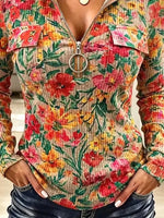 Vintage Floral Pattern Zip Art Casual Stylish Hooded Long Sleeve Top
