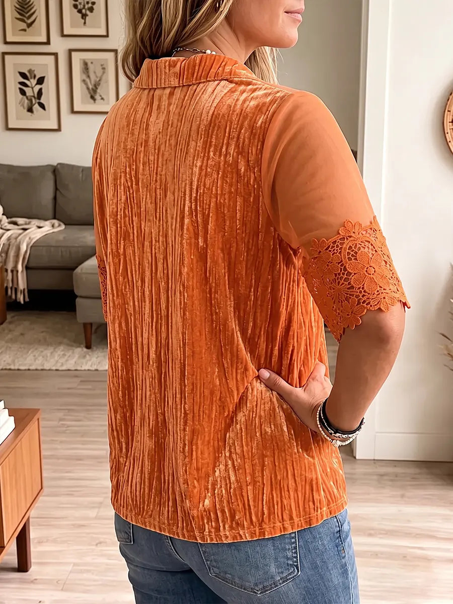 Vintage Elegant Velvet Patchwork Openwork Lace Shirt