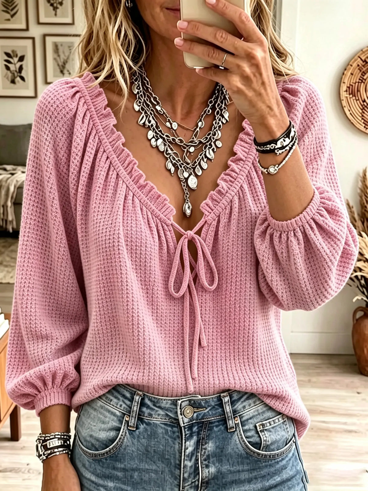 Women's Ruffled Tie-Front Waffle Knit Sweater