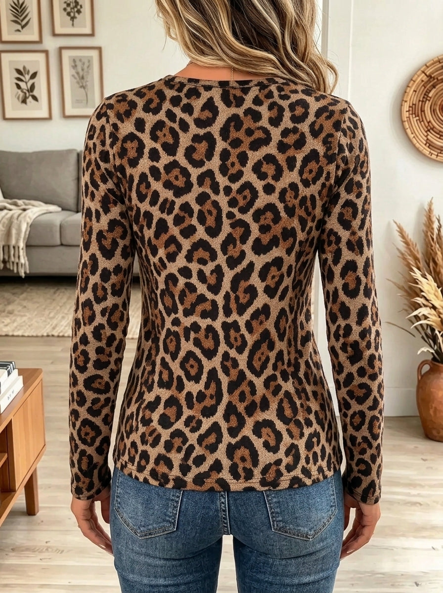 Women's Leopard Studded Cold-Shoulder Long-Sleeve Top