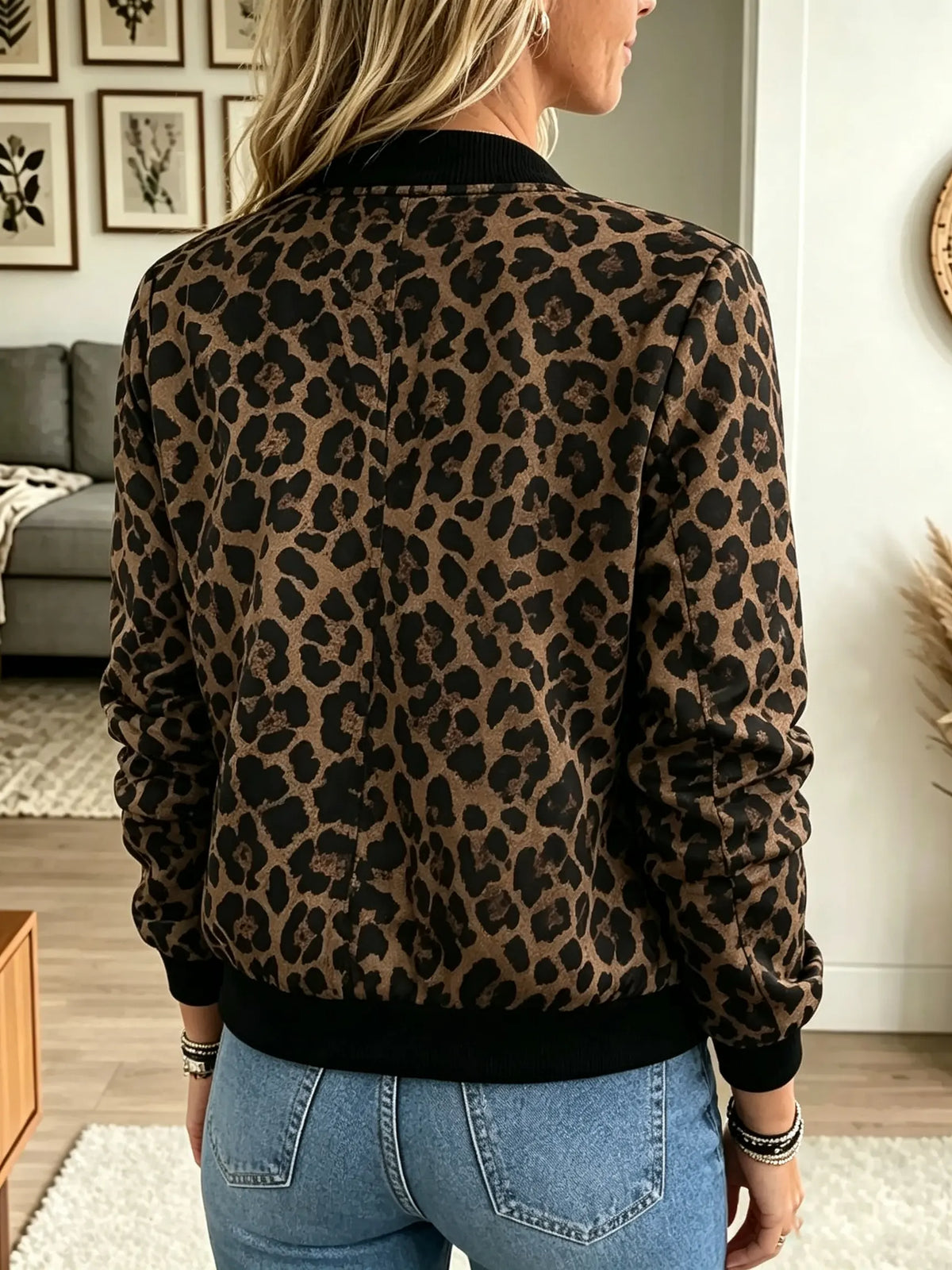 Women's Leopard Print Zip-Up Bomber Jacket