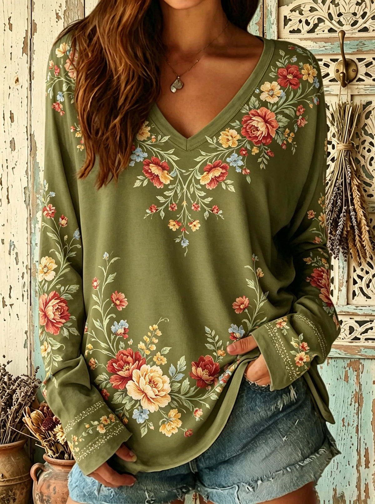 Women's Vintage Floral Border Print V-Neck Top