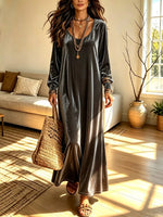 Retro Velvet Art Casual Stylish Round Collar Long Sleeve Long Dress
