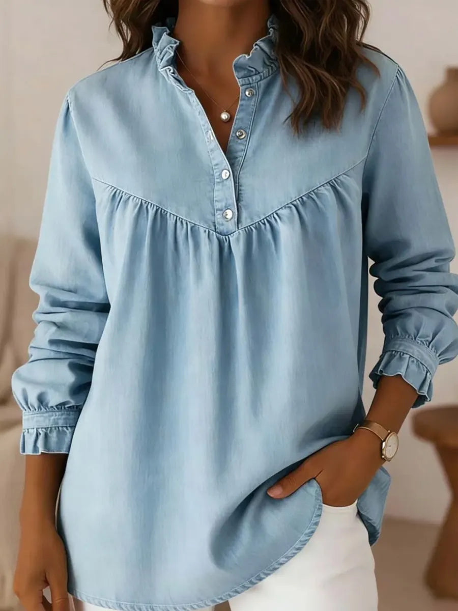 Retro Ruffle Art Casual Stylish V Collar Long Sleeve Denim Shirt