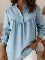 Retro Ruffle Art Casual Stylish V Collar Long Sleeve Denim Shirt