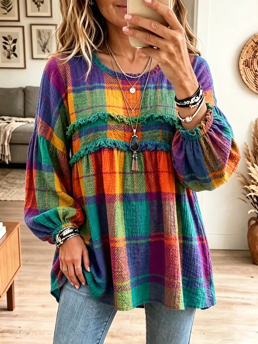 Retro Plaid Pattern Art Print Casual Stylish Long Sleeve Cotton Linen Shirt
